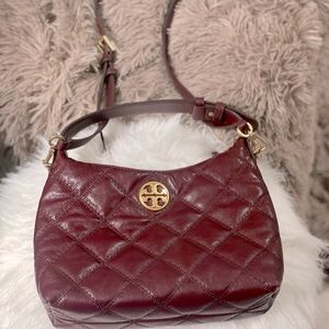 Tory Burch Willa Hobo Purse Handbag Quilted Leather Maroon